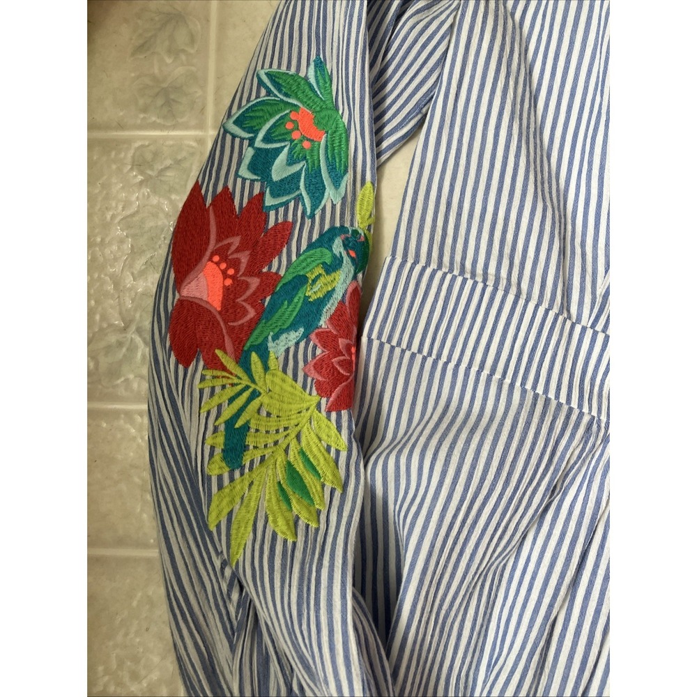 Boden Marla Floral Embroidered Dress 12 L Blue Striped Festival Split Neck Loose - Picture 3 of 5